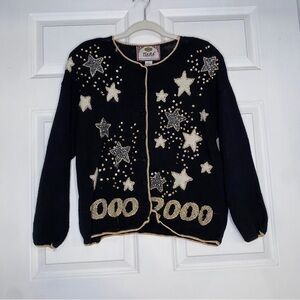 Vtg 1999 Tiara International 2000 Star Print Knit Cardigan Sweater Size Large